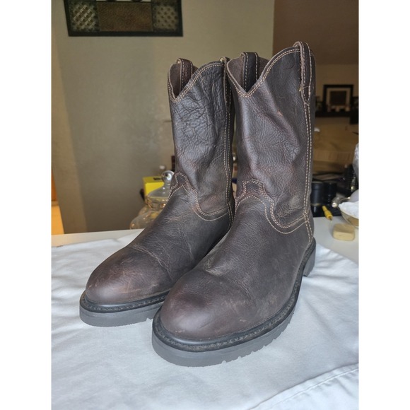 Mens Brown Work Boots Real Leather Slip Resistant Traction Sole Soft Toe